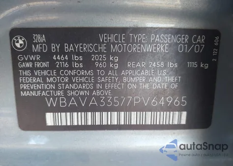 2007 BMW 328I из США, поврежденный, VIN WBAVA33577PV64965